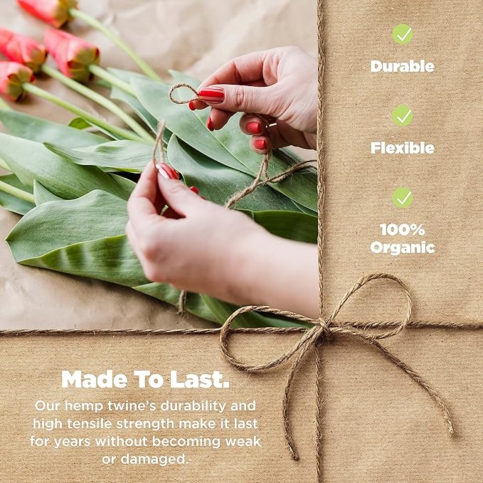 Hemp Twine for Gardening - Twine for Crafts - Organic Natural Hemp String for Jewelry Making - Strong Durable Cord for Decoration, Macrame + Cooking - 3MM 300G/125 Ft. - 170 lb Test Strength - Natural