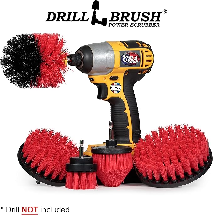 Drillbrush Red Stiff Nylon Bristle Cleaning Brush Set - 5 Piece Drill Attachment Kit - Floor, Roof Cleaner - Household Tools