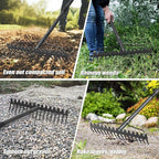 Garden Rake, 5FT Bow Rake Heavy Duty Leveling Rake with Adjustable Handle, 17 Tines Wide Head Metal Thatch Rake for Gardening Leaves Lawn Yard Mulch Rake