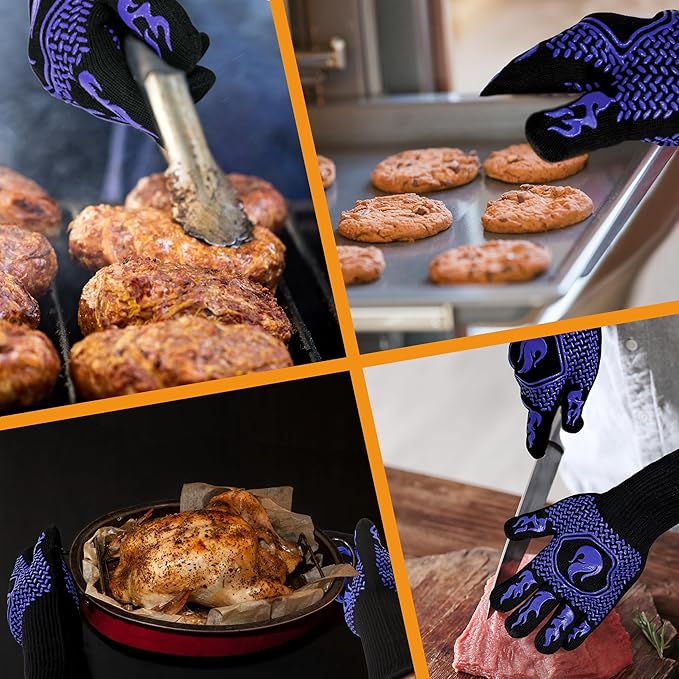 BBQ Fireproof Gloves, Grill Cut-Resistant Gloves 1472°F Heat Resistant Gloves, Non-Slip Silicone Oven Gloves, Kitchen Safe Cooking Gloves for Oven Mitts,Barbecue,Cooking, Frying, Blue（2 Pairs）