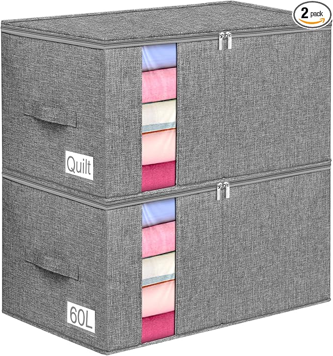 Blanket Storage, Comforter Storage Bag With Rigid Side & Bottom Support, Stackable Clothes Storage Bin For King Size Comforters Sweater Bedding Quilt Pillow Closet Organizers, 21.7x14.2x11.8in, 2Pcs