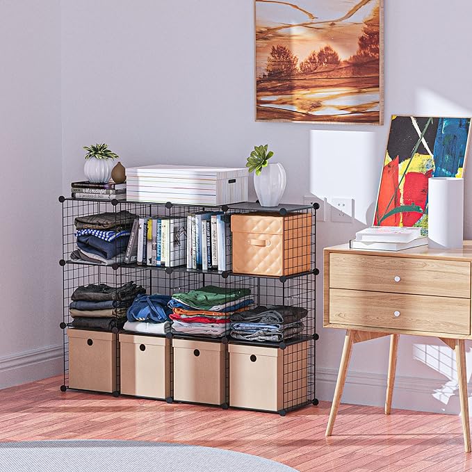 HUBSON Wire Cube Storage Organizer, Book/Toy/Craft/Potted Plants and petCloset Organizers and Storage Shelves, 12-Cube Freely Combinable Metal Grids Storage Shelf,Black Plus Iron