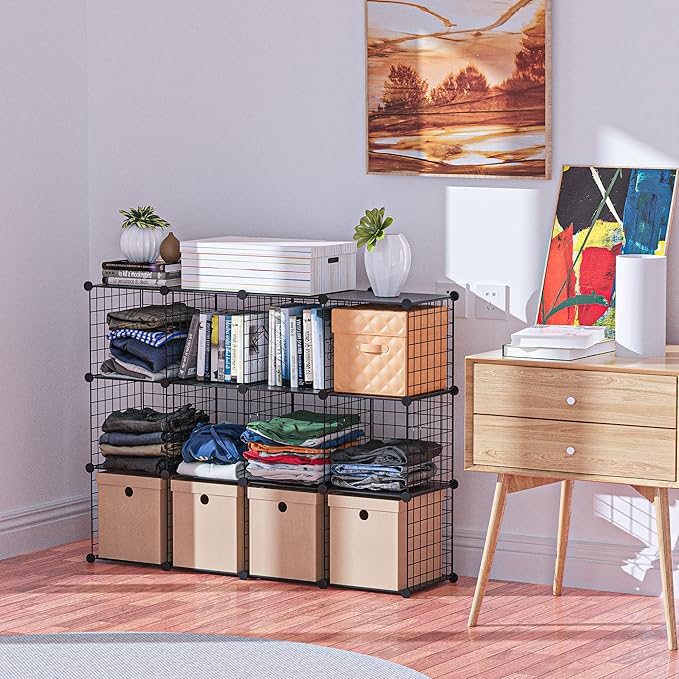 HUBSON Wire Cube Organizer, Book/Toy/Craft/Potted Plants and Pet Closet Organizers, 16-Cube Freely Combinable Metal Grids Storage Shelf, Black Plus Iron