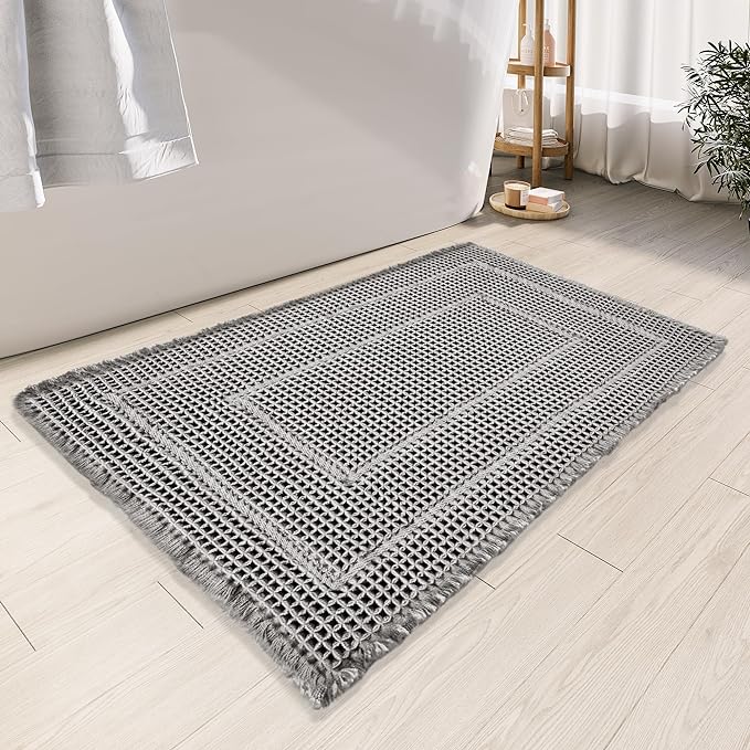 Bath Matts - Upgraded Waffle Super Absorbent, Non Slip Washable, Quick Dry Shower Mats, Ultra Soft for Bathroom Floor, Grey, 24"*36