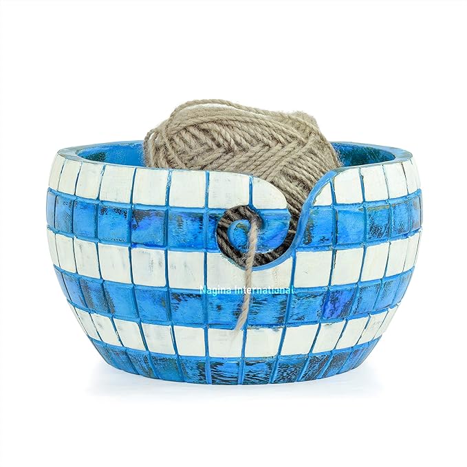 Nagina International Exquisite Premium Yarn Ball Storage Bowls | Hand Painted Lovely Decor Yet Functional Yarn Dispenser (Medium (7 x 3 x 7 Inches), Atlantic Blue)