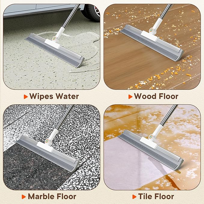 Floor Squeegee for Concrete Floors, 180° Rotating Silicone Broom, Squeegee for Floor with Long Handle and Dual-Sided Blade Design, Water and Pet Hair Remover for Bathroom Floors, Tile, Deck and Glass