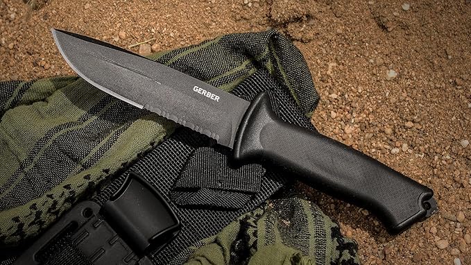 Gerber Gear Prodigy Fixed Blade Survival Tactical Knife - Full Tang, Serrated Edge Knife - American High Carbon Steel Blade - Molded Soft-Grip - with Protective MOLLE Sheath - Black