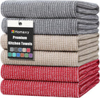 Homaxy Premium Kitchen Towels(18”x 28”, 6 Pack), Large Cotton Kitchen Hand Towels, Flat and Terry Dish Towels, 380 GSM Highly Absorbent Tea Towel Set with Hanging Loop, Red/Grey/Khaki