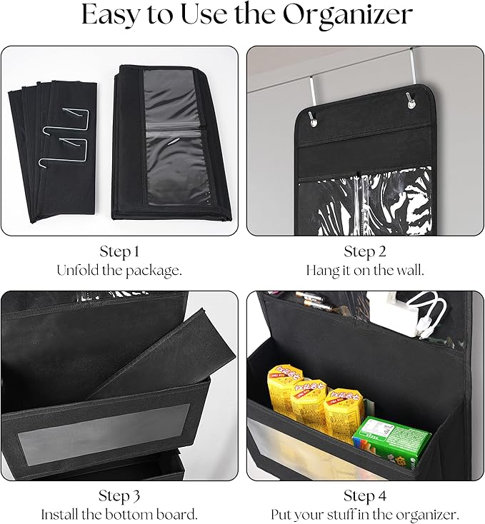 Over Door Organizer with 4 Large Capacity Pockets, Hanging Organizer Storage for Closet Bathroom Nursery Bedroom Dorm, Toys Cosmetics Sundries and Baby Essentials, Black