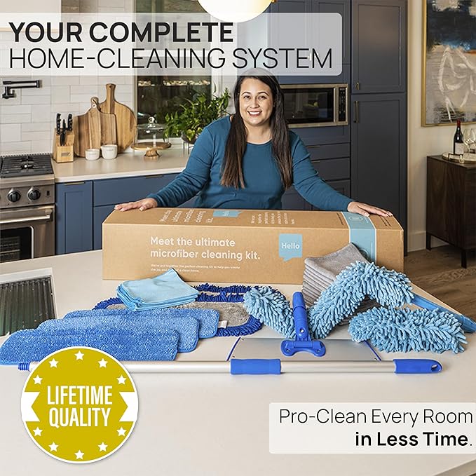 Ultimate Microfiber Cleaning Kit - Dry & Wet Mop for Hardwood, Tile, Vinyl Floors | 12Pack Microfiber Cloths | High Duster | Glass Cleaning Cloths | Reusable Mop Pads | Long Telescopic Handle