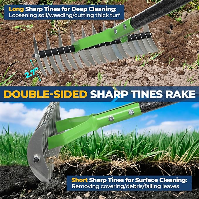 Thatch Rake & Garden Rake 70" – 13" Narrow Dual-Sided Sharp Steel Tines, Adjustable Handle, Lightweight & Reversible Head for Precision Lawn Care, Debris Removal and Soil Leveling