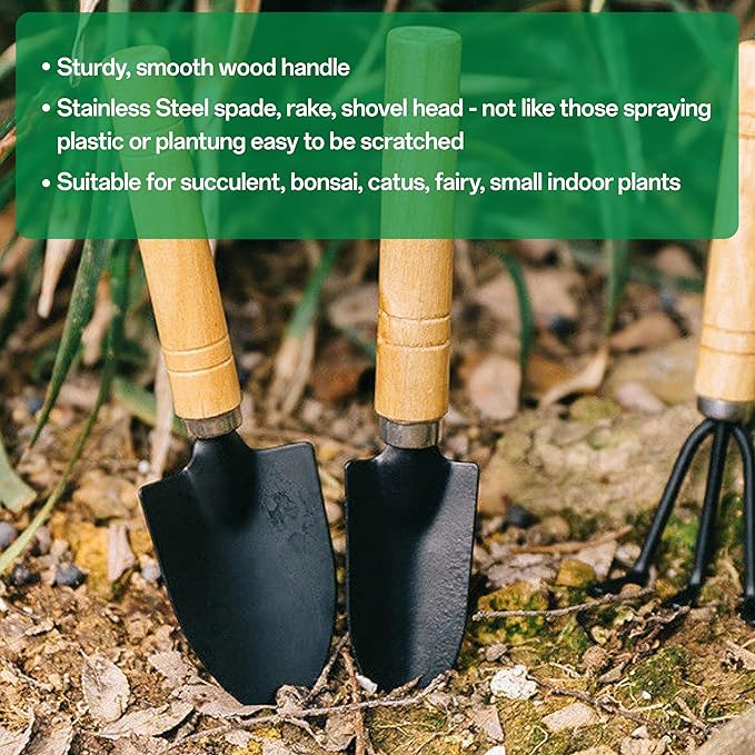 Reusable and Durable 5pcs Green Solid Lacquered ironsteel Garden Tool Set with Spade, rake, Shovel, and 6.5 inch Plant Shears, Waterproof repotting mat for Indoor and Outdoor Plants