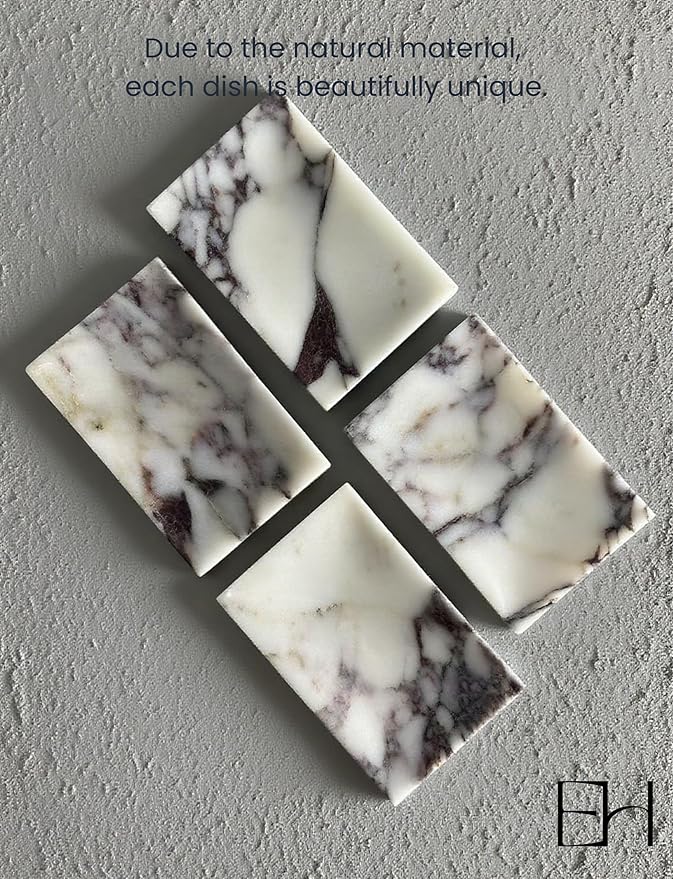 Natural Marble Soap Dish for Shower with Silicone Non-Slip Feet, Stone Drying Tray, Bar Soap Saver, Holder Container for Bathroom Decor Accessories(Calacatta Viola, Rectangular)