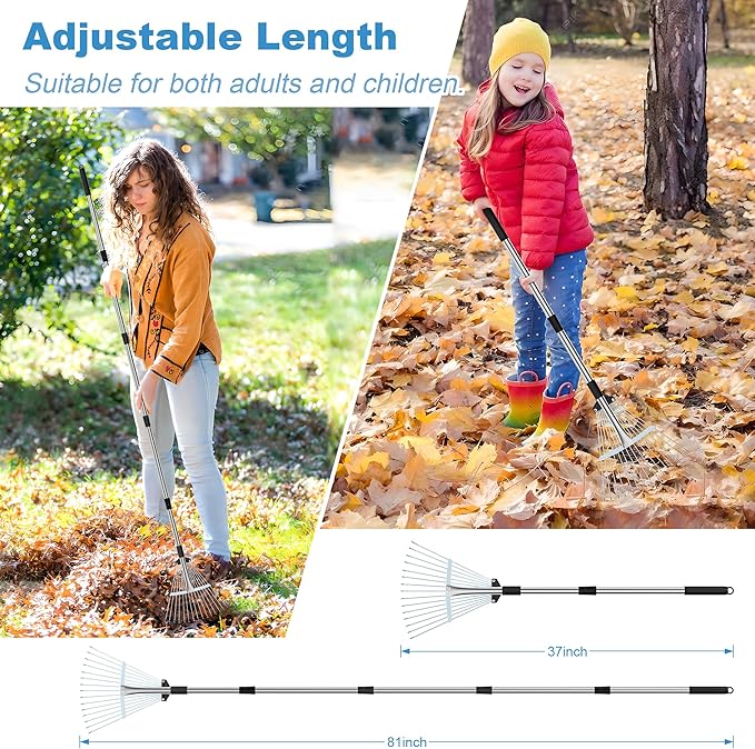Garden Rake for Leaves, Heavy Duty Metal Adjustable Leaf Rake for Lawns, Length 37"-81", Adjustable Expandable Head 8"-15", Garden Tools for Lawn Garden Yard Flowers Beds Bush