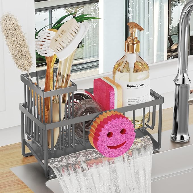 Sponge Holder for Kitchen Sink,Smiley Face Sink Caddy with Removable Brush Holder,Self-Draining Sponge Caddy for Soap,Dish Brush,Scrubber,Kitchen Essentials and Gadgets-Charcoal Gray