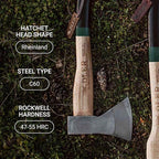 Adler Rheinland Camping Hatchet with Leather Sheath - German Forged, 14" Hickory Handle, Compact Hatchet for Hiking, Bushcraft, Wood Carving, Preparing Kindling (Red Stripe)