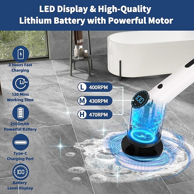 Electric Spin Scrubber, 9 in 1 Cordless Cleaning Brush with Type C USB Port, Charger, 3 Adjustable Speed, LED Display, Electric Scrubber for Cleaning Bathroom Tub Tile Floor (Fixed Head)