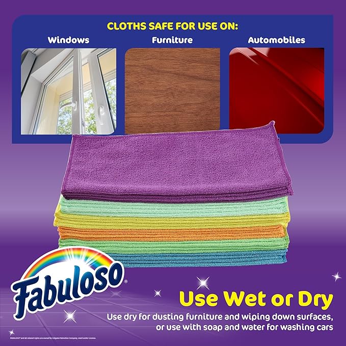 Fabuloso Microfiber Cleaning Cloths, Rainbow - Lint-Free, Scratch-Free Cleaning Cloths for Surfaces and Wood Furniture - Dustless Cloth for Bold and Bright Cleaning Experience, 12 Count