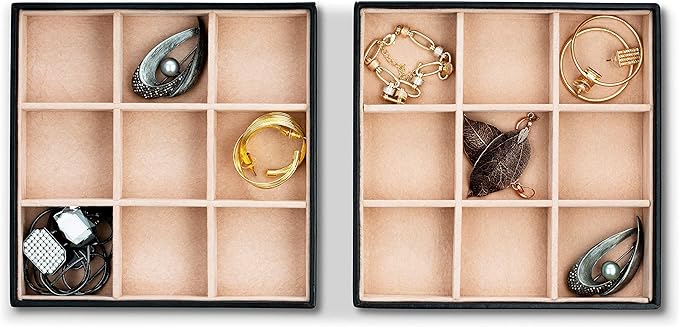 Jewelry Organizer Tray - Set of 2 - Stackable 18 Slots Jewelry Storage Trays - Display on Dresser or Drawer - Compatible with Other Glenor Trays - Black