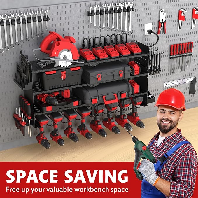 Power Tool Organizer with Charging Station, 4 Layers 8 Drill Holder Wall Mount,Metal Garage Rack with 10A Power Strip,Tool Shelves with Hooks,Drill Bit Storage, for Men Dad (Black)