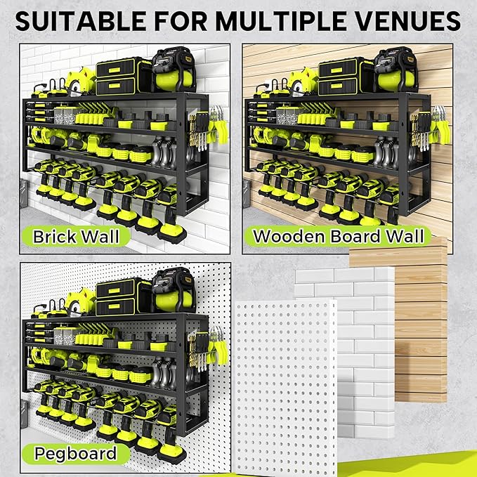 Large Power Tool Organizer Wall Mount with Charging Station, 8 Outlet Power Strip, 4 Layers 8 Drill Holder Heavy Duty Metal Tool Storage Loads 420lbs with Screwdriver Holder, Utility Racks for Garage