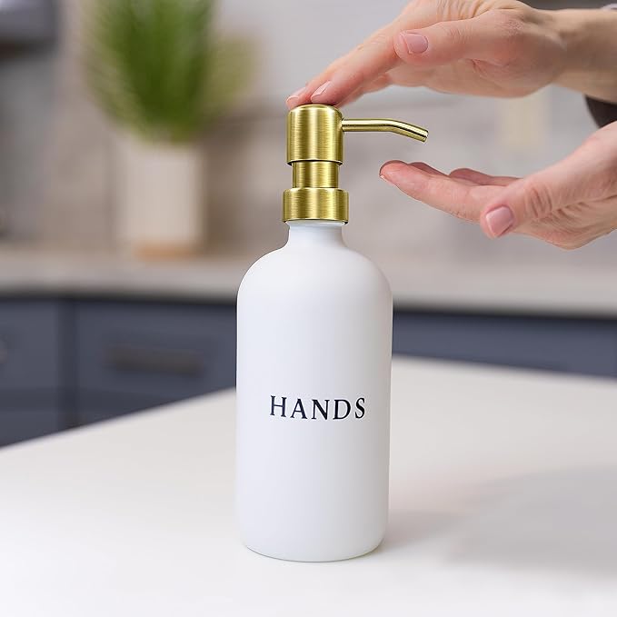 White Glass Hand and Dish Soap Dispenser Set - Modern Farmhouse Sink Accessories - Liquid Soap Dispenser - 16 oz Kitchen Sink Soap Dispenser Set with Tray, Gold Pumps & Funnel