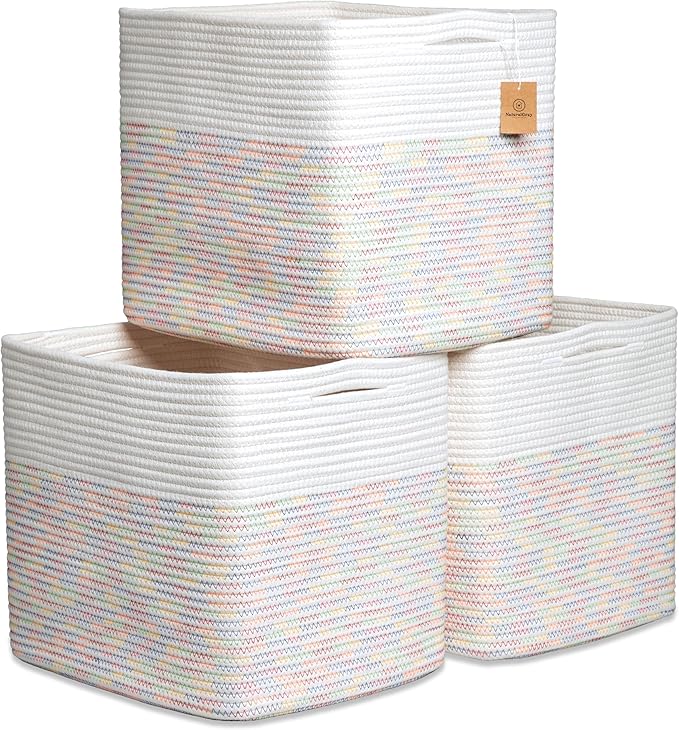 NaturalCozy 13x15x13 Kallax Storage Cubes Bins, 3 Pack | Cotton Rope Cube Storage Bin Woven Baskets for Organizing | Kallax Insert Storage Baskets for Shelves Organizer, Kids Toy, Closet Baby Nursery