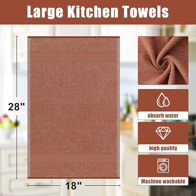 Homaxy Premium Kitchen Towels(18”x 28”, 12 Pack), Large Cotton Kitchen Hand Towels, Flat and Terry Dish Towels, 380 GSM Highly Absorbent Tea Towel Set with Hanging Loop, Rust