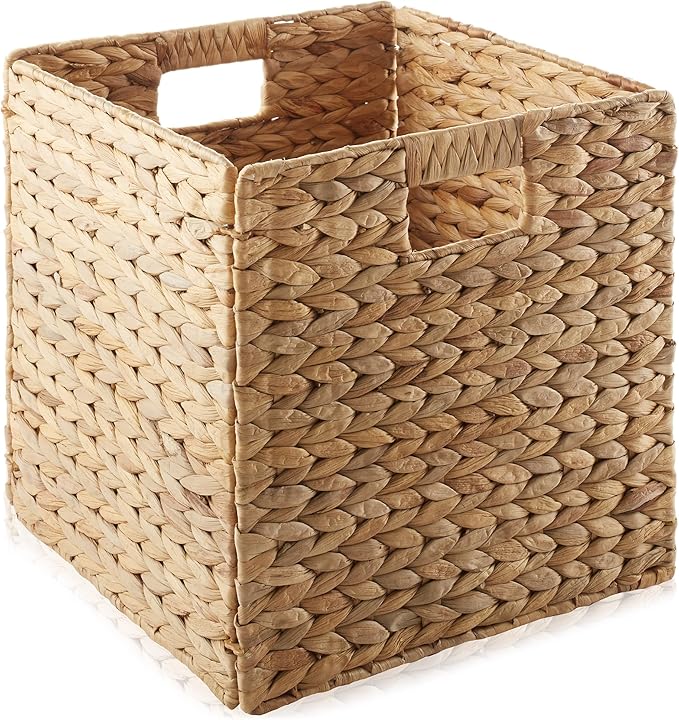 Casafield 12" x 12" Water Hyacinth Storage Baskets, Natural - Set of 2 Collapsible Cube Organizers, Woven Bins for Bathroom, Bedroom, Laundry, Pantry, Shelves