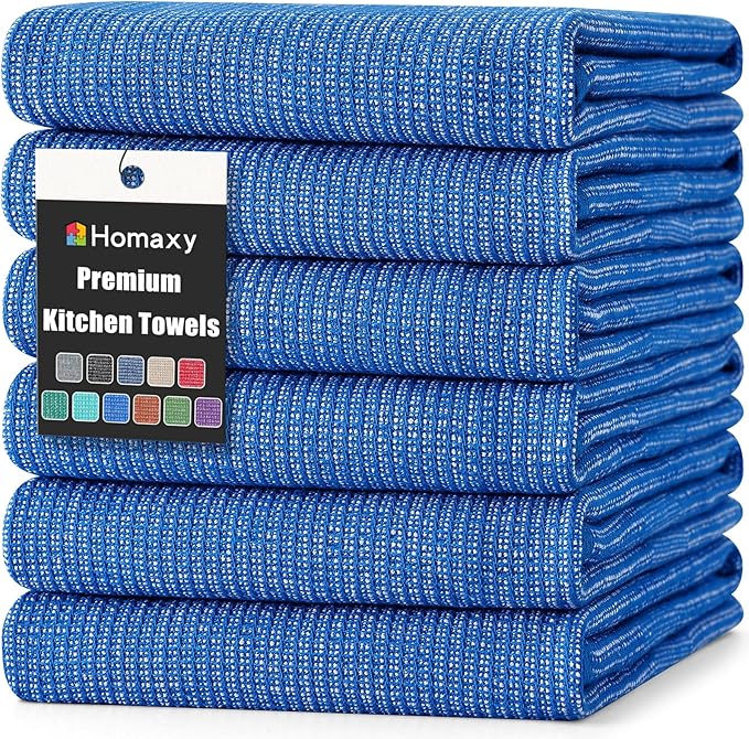 Homaxy Premium Kitchen Towels(18”x 28”, 6 Pack), Large Cotton Kitchen Hand Towels, Flat and Terry Dish Towels, 380 GSM Highly Absorbent Tea Towel Set with Hanging Loop, Blueberry