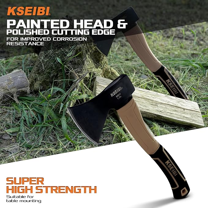 KSEIBI Outdoor Camping Hatchet with Sheath for Splitting and Kindling Wood, Forged Steel Blade with Anti-Slip and Shock Reduction Handle Great Throwing Axes and Hatchets (Tuscan Brown)