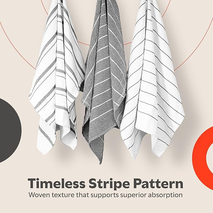 Zeppoli Classic Kitchen Towels - 6 Pack 100% Natural Cotton Towel Set, Reusable Wash Cloths, Absorbent Dish Towels, Machine Washable Hand Towels, Kitchen Essentials, 20" x 28" - Black VAR