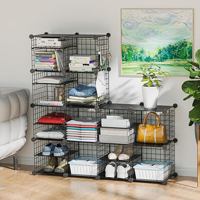 Wire Cube Storage Organizer, 12 Cubes Converted into 14 Cubes, Sturdy Metal Grids Storage Shelf Closet Shelving Units and Storage, Shelves for Bedroom LIvingroom Office