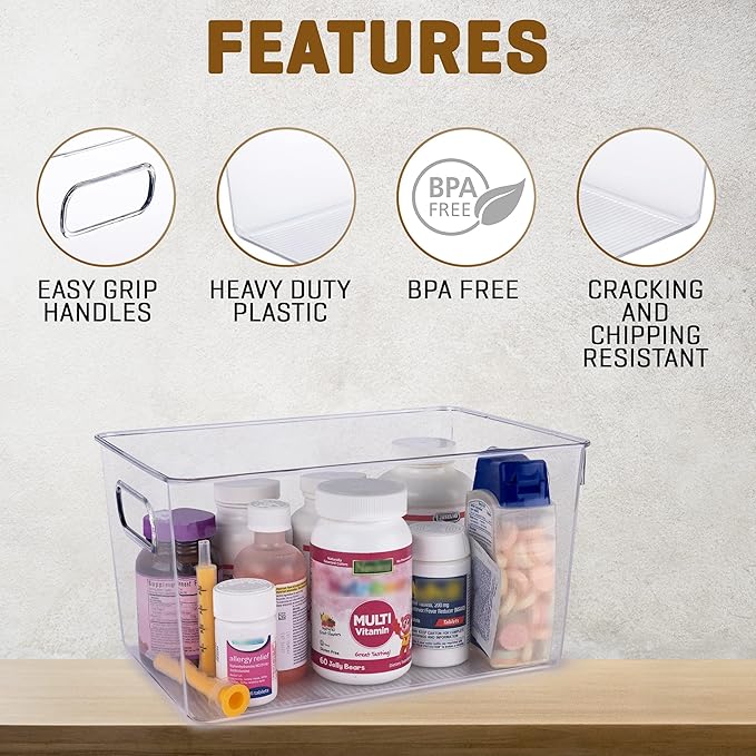 Clear Plastic Storage Bins, Pantry Organizers and Storage or Kitchen Organization and Storage Containers Bins for Organizing, Fridge, Freezer, Bathroom, Pantries, Refrigerator, Cabinet Organizer Bin