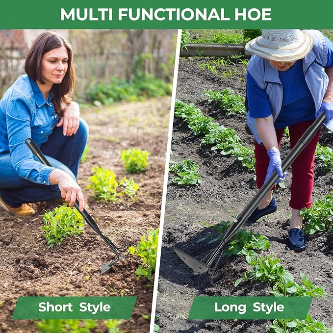 Garden Hoe 23 Inch Long Cultivator with Adjustable Long Handle - Heavy Duty Weeding & Soil Loosening Tool for Gardening, Lawn, and Yard Work