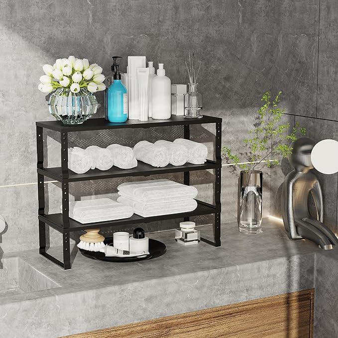 Expandable Adjustable Stackable Kitchen Organizer, Spice Rack,Metal Pantry Storage Shelves Racks,Counter Shelf for Cabinets, Countertop, Cupboard (3 Packs/Large/Black)