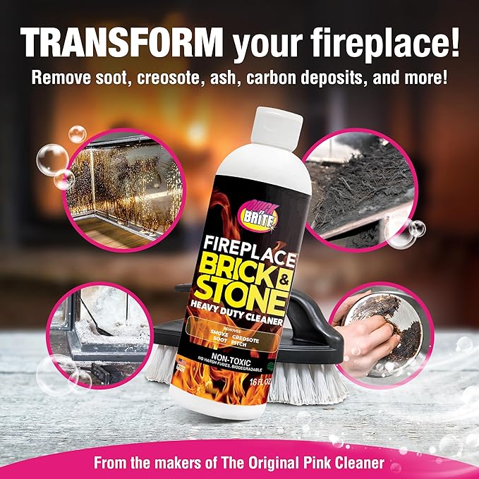 Quick N Brite Fireplace Gel Cleaner with Scrub Brush for Brick, Stone, Rock, Tile, and Marble, Nonabrasive Fireplace Cleaner, Made in the USA, 16 oz