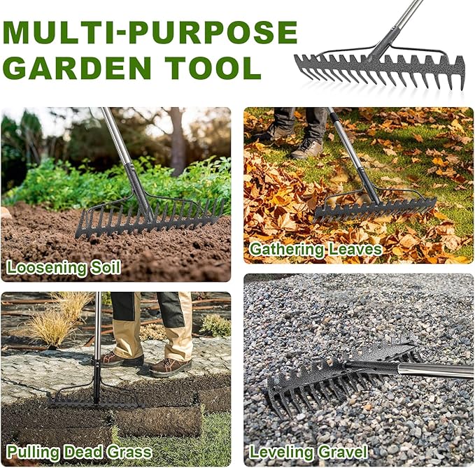 Bow Rake, 65" Heavy Duty Garden Rake with Wide 17 Tines Head & Stainless Steel Handle, Adjustable Rakes for Lawns Yard Loosening Soil Thatching Gathering Leaves Gravel