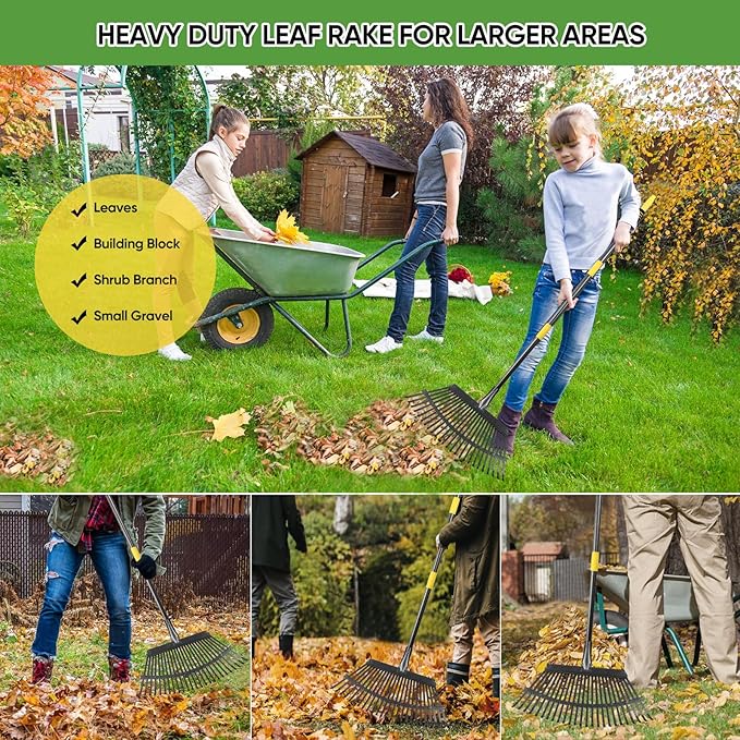 Garden Leaf Rakes, 6FT Rake for Lawns Heavy Duty 25 Metal Tines 18.5 inch Wide, Adjustable Steel Handle, Rakes for Leaves, Gathering Shrub, Grass, Yard