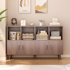 Cubby Shelf Bookcase with Doors - Wooden 8 Cubes Floor Standing Open Bookshelf with Solid Wood Legs, 2-Tier Low Storage Cabinet, Walnut