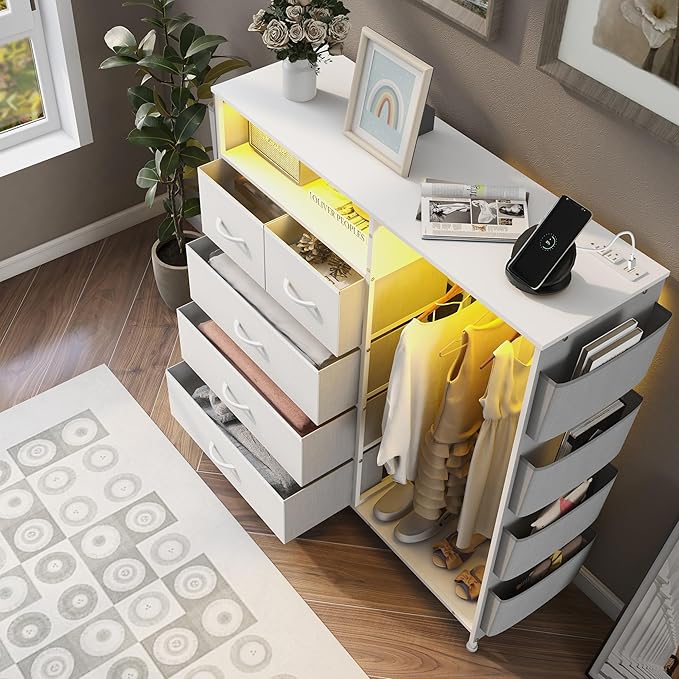 Dresser for Bedroom with Clothes Rack Side Pockets White 5 Drawers Dresser with Charging Station LED Lights Sturdy Steel Frame Wood Top Organizer Unit for Nursery Hallway Closet