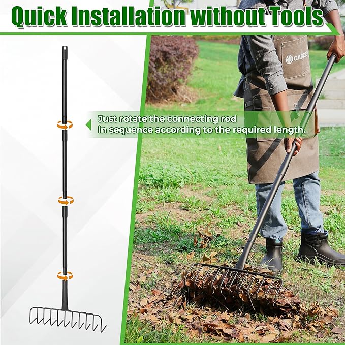 Garden Thatch Rake, 82" Heavy Duty Lawn Leveling Rake with 11 Stainless Steel Tines, Adjustable Long Handle Garden Tool for Loosening Soil, Cleaning The Leaves, Removing Thatch, Laying Sod