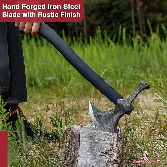 Armory Replicas™ Rustic Barbarian Hammerhead Battle Axe – 22.5" Steel Blade with Stone Finish & Wooden Handle – Versatile Tool for Camping, Outdoor Tasks