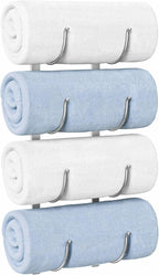 Bathroom Rolled Towel Rack: 4-Tier Wall Mounted Towel Storage Holder, Hanging Organizer for Towels, Blankets, Large Bath Sheets, Space Saving in RV, Closet, Toilet, Cabinet, Silver