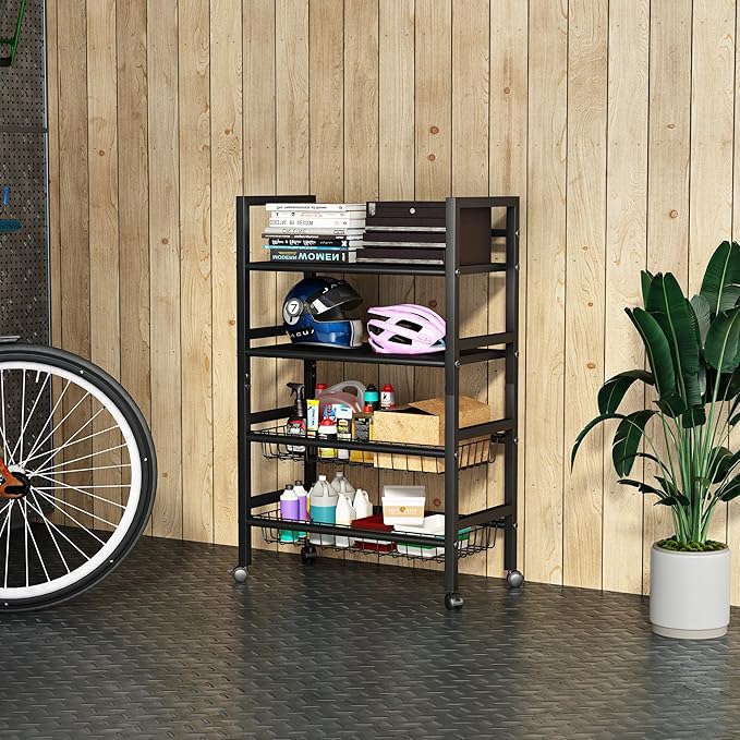 Four-Tier Metal Rolling Rack, Removable Metal Sheets, Grid Baskets with Wheels, Kitchen Storage Cart, Shelf for Pantry, Bathroom, Kitchen, Office, Garage, Black (Medium)
