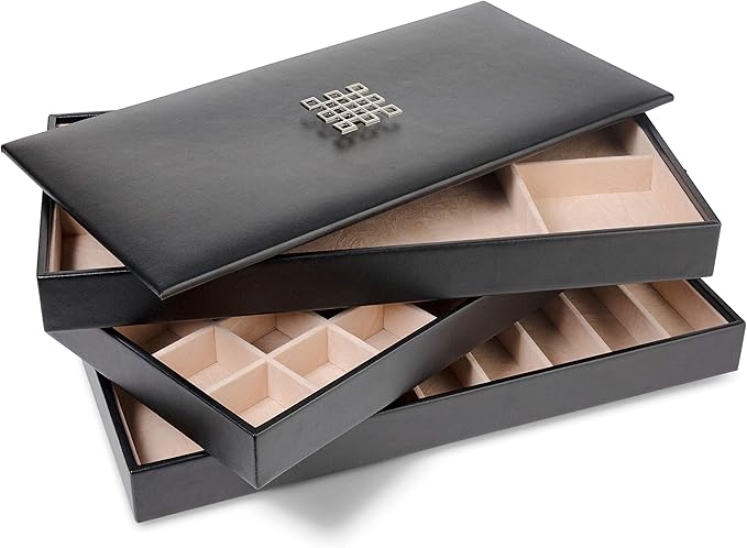 Jewelry Tray Organizer - 3 Large Stackable Trays & Lid - 46 Slot Storage for Drawer, Dresser - Black
