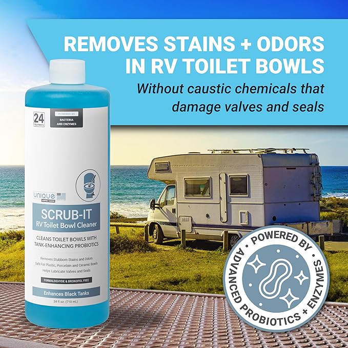 Unique Scrub-It RV Toilet Bowl Cleaner Liquid - Helps Remove Stink, Stains and Debris - Safe on All Toilet Types (24 oz)