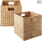 Casafield 12" x 12" Water Hyacinth Storage Baskets, Natural - Set of 2 Collapsible Cube Organizers, Woven Bins for Bathroom, Bedroom, Laundry, Pantry, Shelves