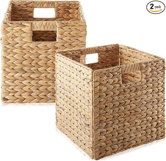 Casafield 12" x 12" Water Hyacinth Storage Baskets, Natural - Set of 2 Collapsible Cube Organizers, Woven Bins for Bathroom, Bedroom, Laundry, Pantry, Shelves