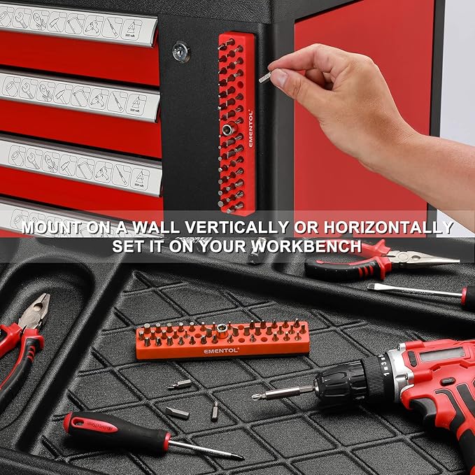 EMENTOL 2PCS 1/4" Magnetic Bits Holder Set - Red and Orange, 86PCS Hole, Bit Organizer with Strong Magnetic, Magnetic Bits Organizer, 2 Pieces